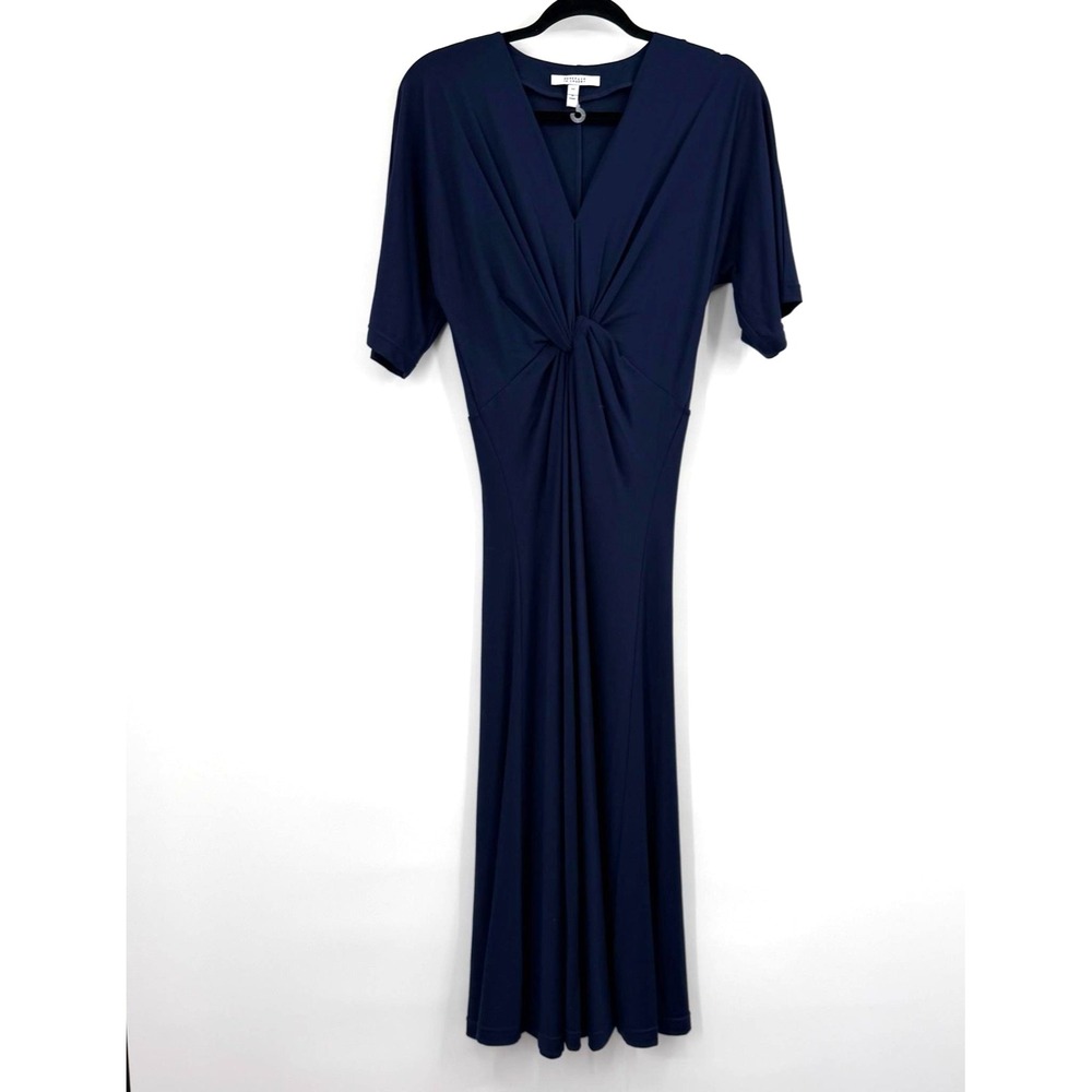 Derek Lam 10 Crosby Dress Womens XS Blue Midi V-Neck Ruched Pleated Pullover